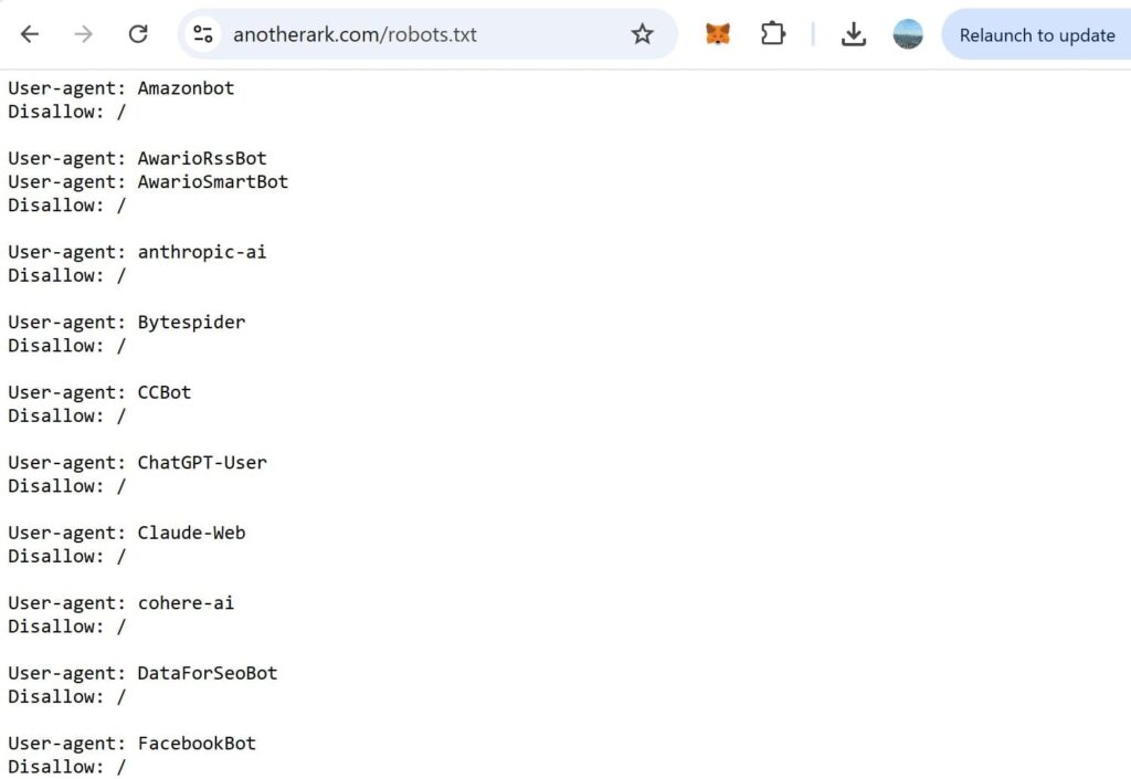 robots.txt 파일에서 차단한 AI 크롤러 리스트