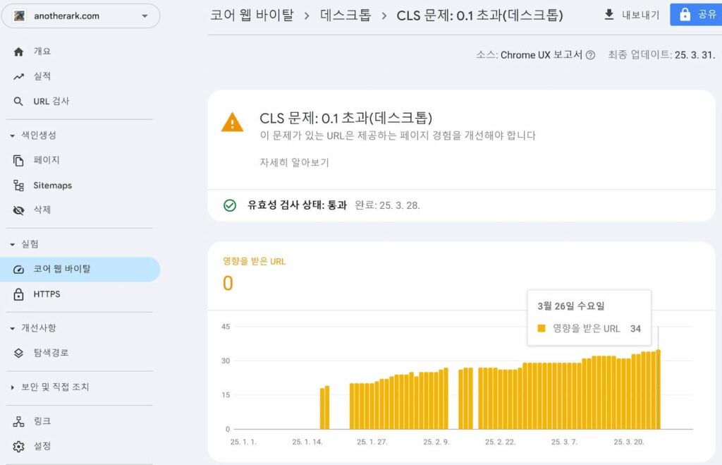 구글 서치 콘솔-코어 웹 바이탈 CLS 문제: 0.1 초과